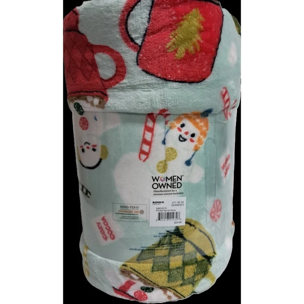 Christmas Plush Throw Blanket 5' x 6', Soft and Cozy, Snowmen‎ and Coco cups